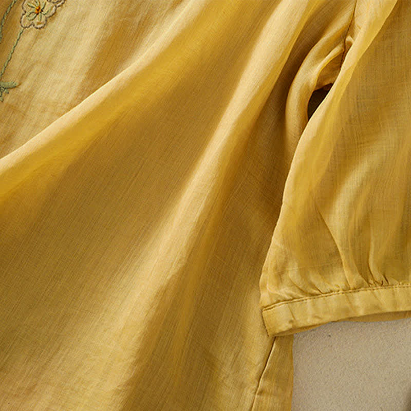 Buddha Stones Chemise femme à manches courtes et col rond, motif floral brodé rétro - image 22