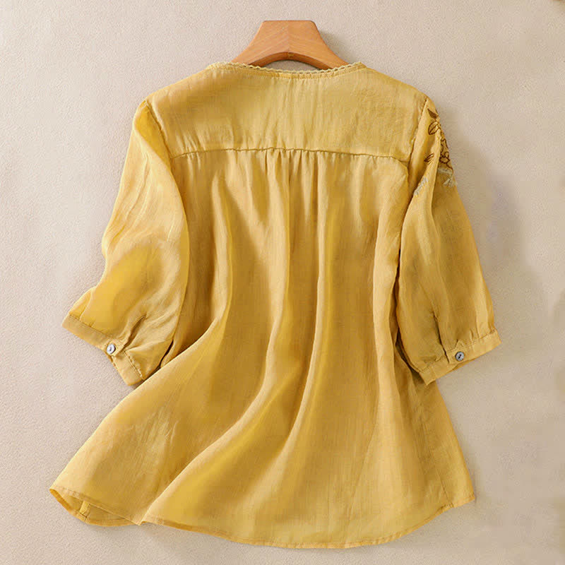 Buddha Stones Chemise femme à manches courtes et col rond, motif floral brodé rétro - image 15