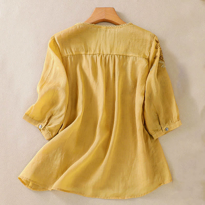 Buddha Stones Chemise femme à manches courtes et col rond, motif floral brodé rétro - image 15