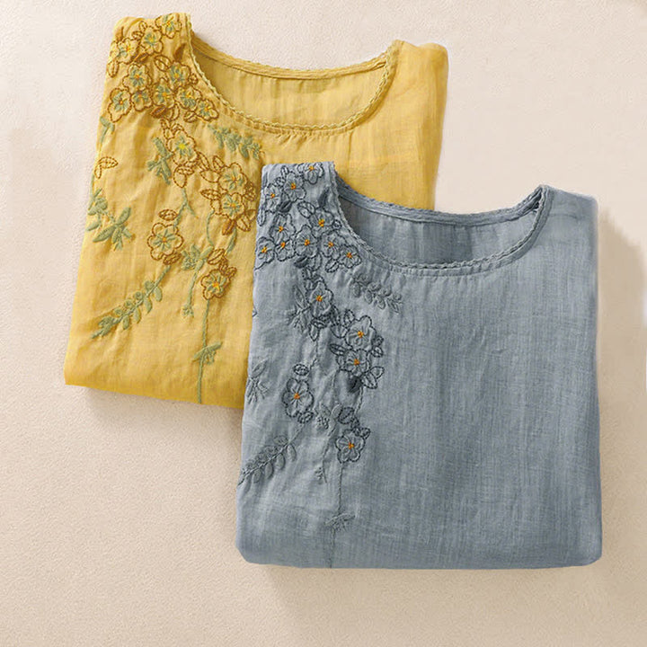 Buddha Stones Chemise femme à manches courtes et col rond, motif floral brodé rétro - image 33