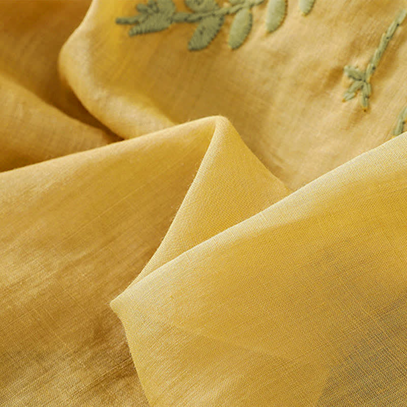 Buddha Stones Chemise femme à manches courtes et col rond, motif floral brodé rétro - image 19