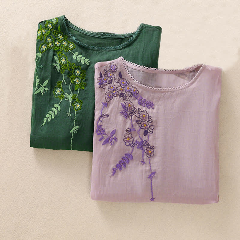 Buddha Stones Chemise femme à manches courtes et col rond, motif floral brodé rétro - image 31