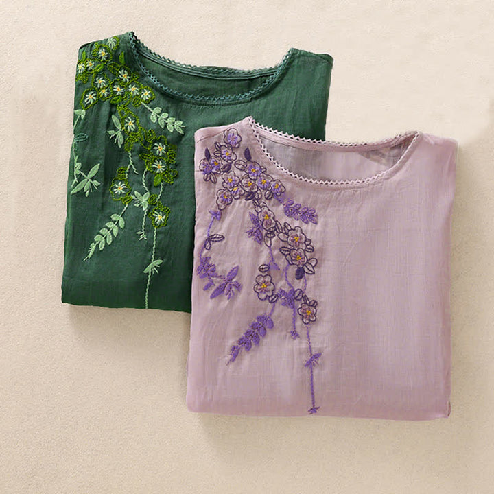 Buddha Stones Chemise femme à manches courtes et col rond, motif floral brodé rétro - image 31