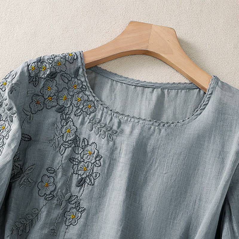 Buddha Stones Chemise femme à manches courtes et col rond, motif floral brodé rétro - image 8