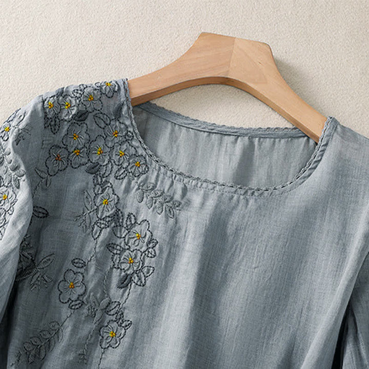 Buddha Stones Chemise femme à manches courtes et col rond, motif floral brodé rétro - image 8