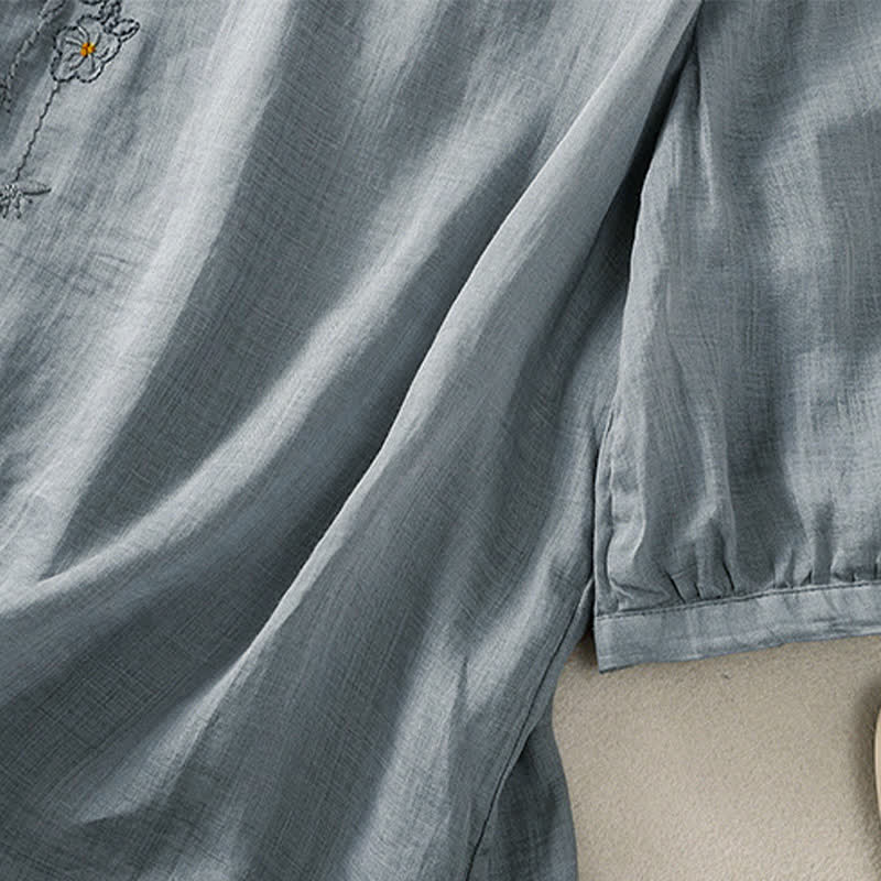 Buddha Stones Chemise femme à manches courtes et col rond, motif floral brodé rétro - image 11