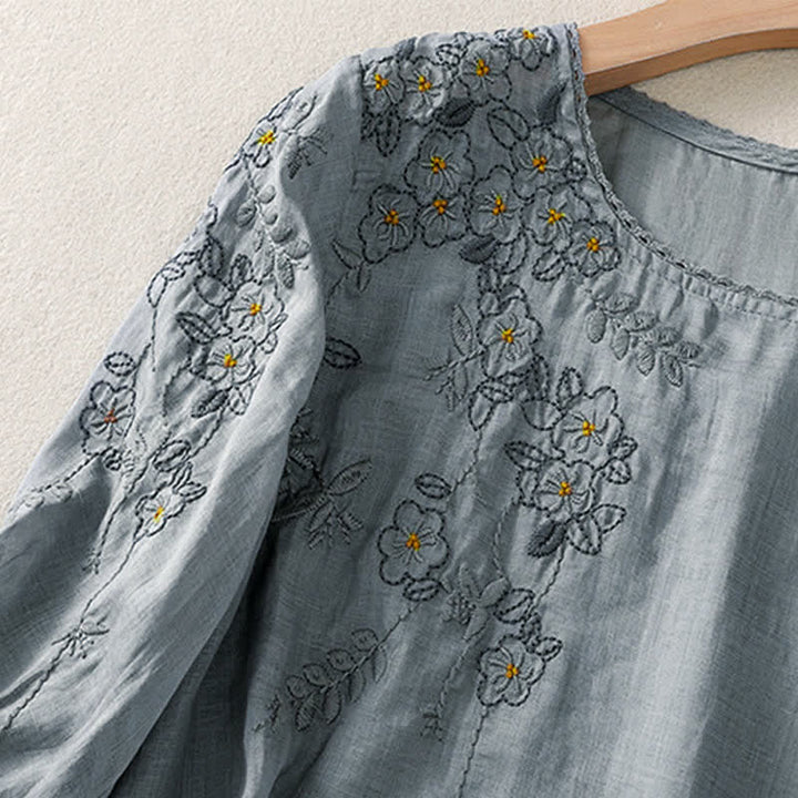 Buddha Stones Chemise femme à manches courtes et col rond, motif floral brodé rétro - image 10