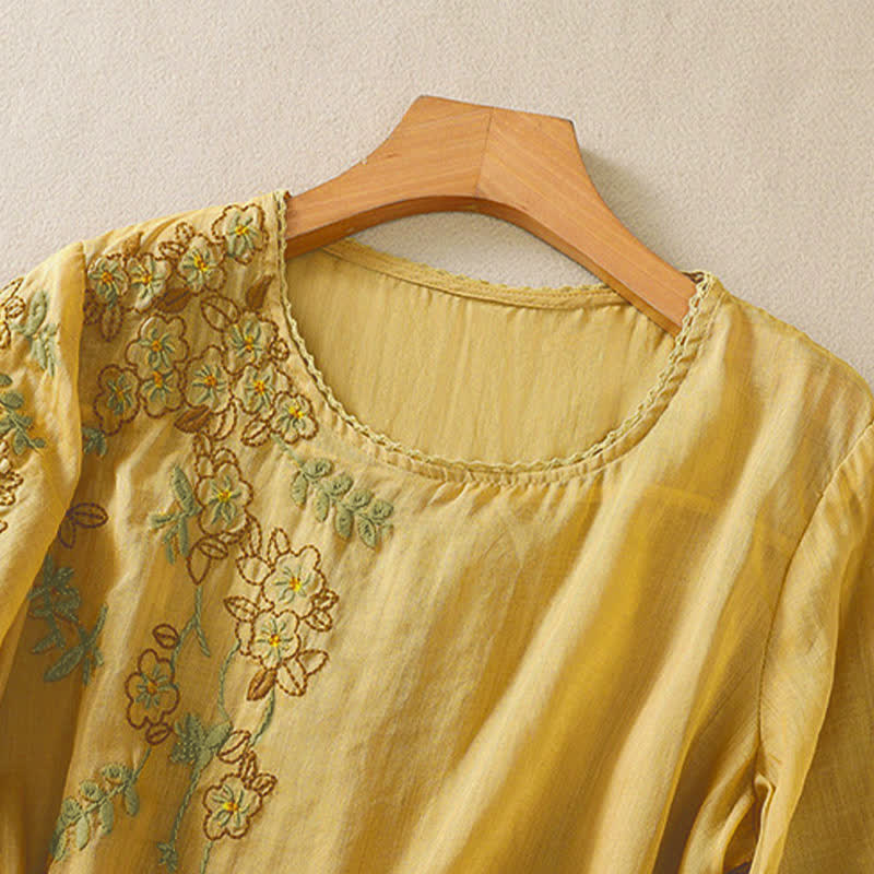 Buddha Stones Chemise femme à manches courtes et col rond, motif floral brodé rétro - image 16