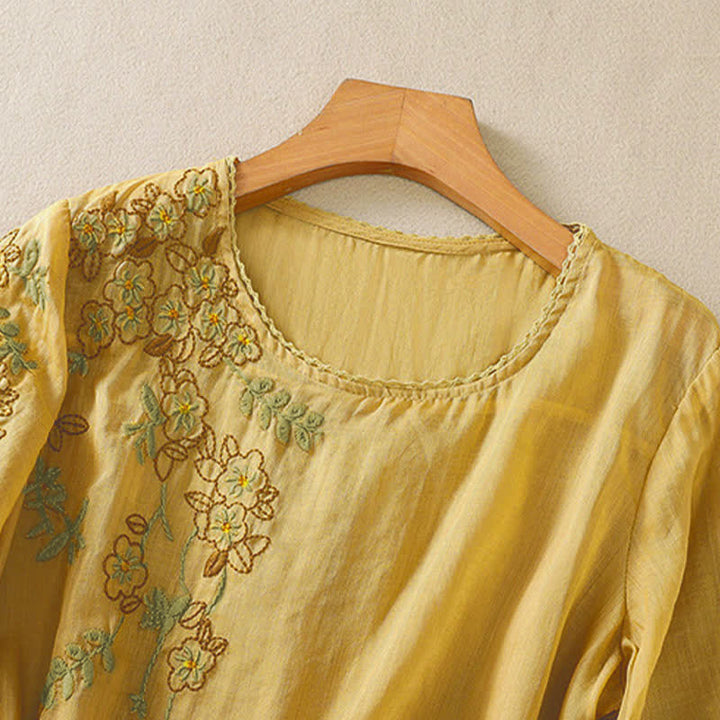 Buddha Stones Chemise femme à manches courtes et col rond, motif floral brodé rétro - image 16