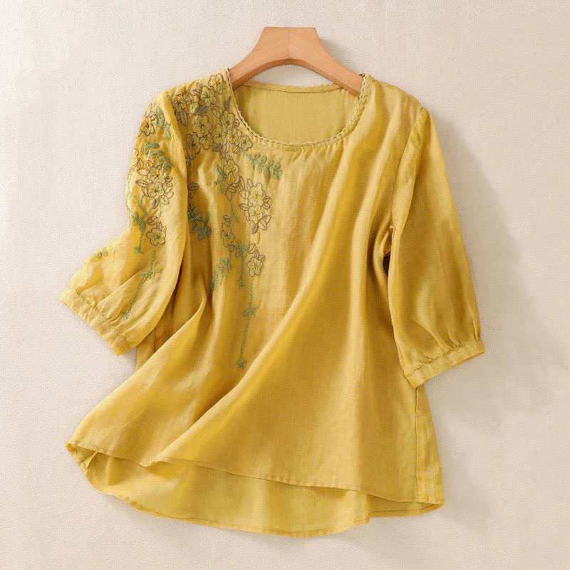 Buddha Stones Chemise femme à manches courtes et col rond, motif floral brodé rétro - Or - US8-10，UK/AU12-14，EU40-42 (2XL) - image 14