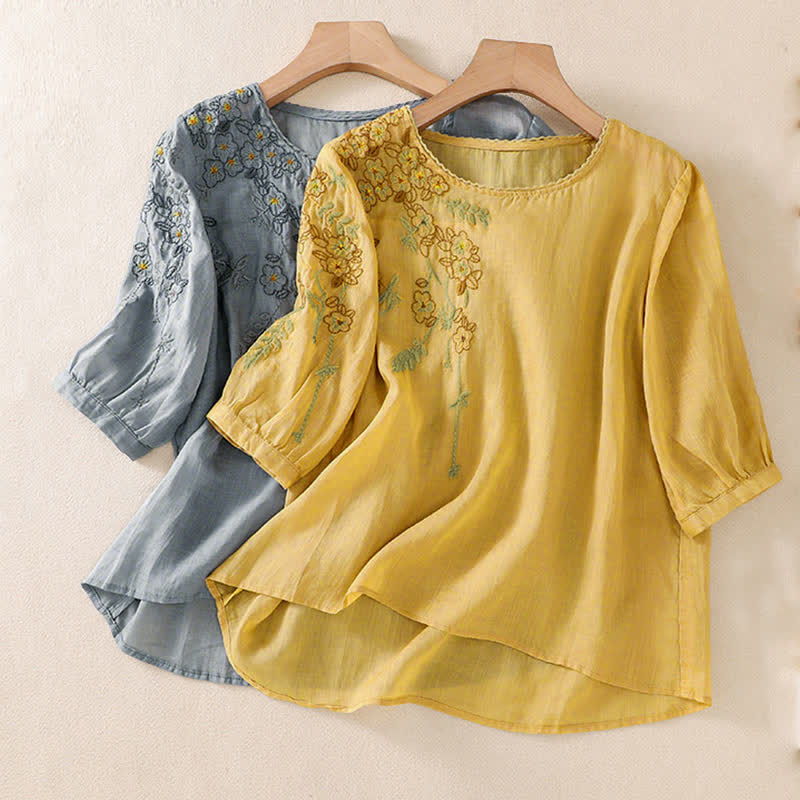 Buddha Stones Chemise femme à manches courtes et col rond, motif floral brodé rétro - image 32