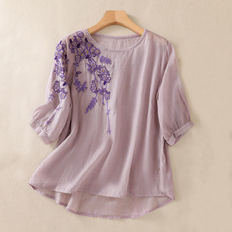 Buddha Stones Chemise femme à manches courtes et col rond, motif floral brodé rétro - Prune - US8-10，UK/AU12-14，EU40-42 (2XL) - image 24