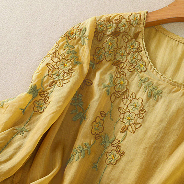 Buddha Stones Chemise femme à manches courtes et col rond, motif floral brodé rétro - image 18