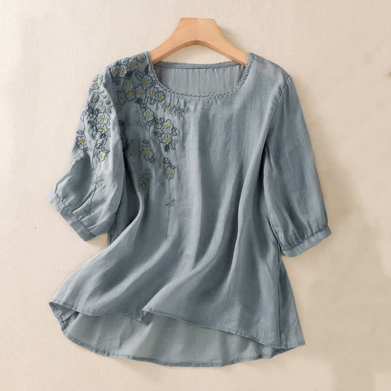 Buddha Stones Chemise femme à manches courtes et col rond, motif floral brodé rétro - Bleu acier clair - US8-10，UK/AU12-14，EU40-42 (2XL) - image 7