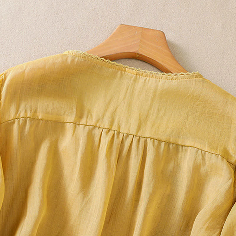 Buddha Stones Chemise femme à manches courtes et col rond, motif floral brodé rétro - image 17