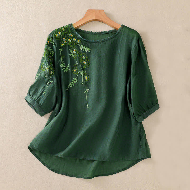 Buddha Stones Chemise femme à manches courtes et col rond, motif floral brodé rétro - Vert foncé - US8-10，UK/AU12-14，EU40-42 (2XL) - image 0