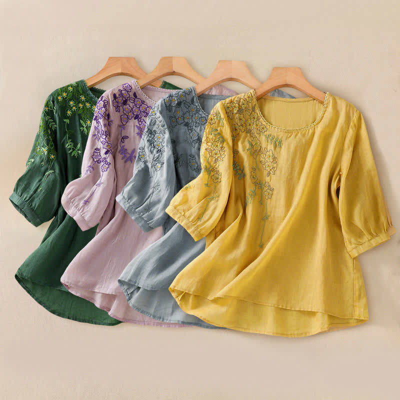 Buddha Stones Chemise femme à manches courtes et col rond, motif floral brodé rétro - image 34