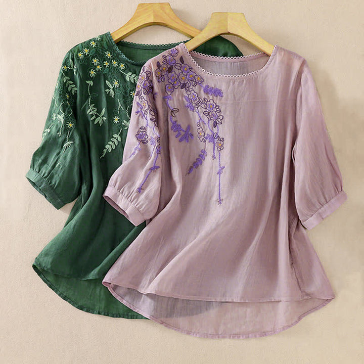 Buddha Stones Chemise femme à manches courtes et col rond, motif floral brodé rétro - image 30