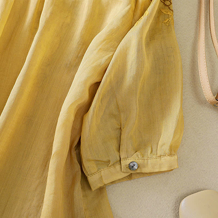 Buddha Stones Chemise femme à manches courtes et col rond, motif floral brodé rétro - image 21