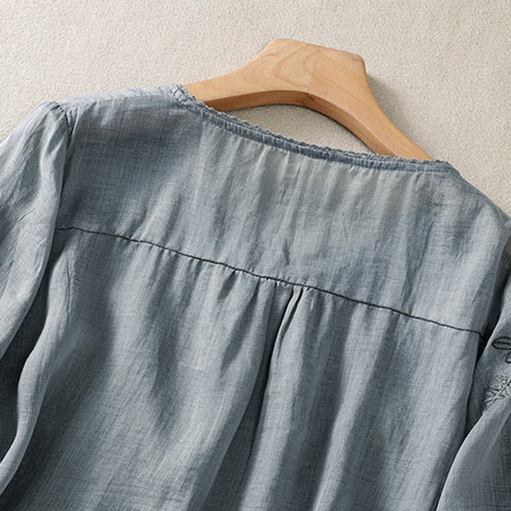 Buddha Stones Chemise femme à manches courtes et col rond, motif floral brodé rétro - image 9