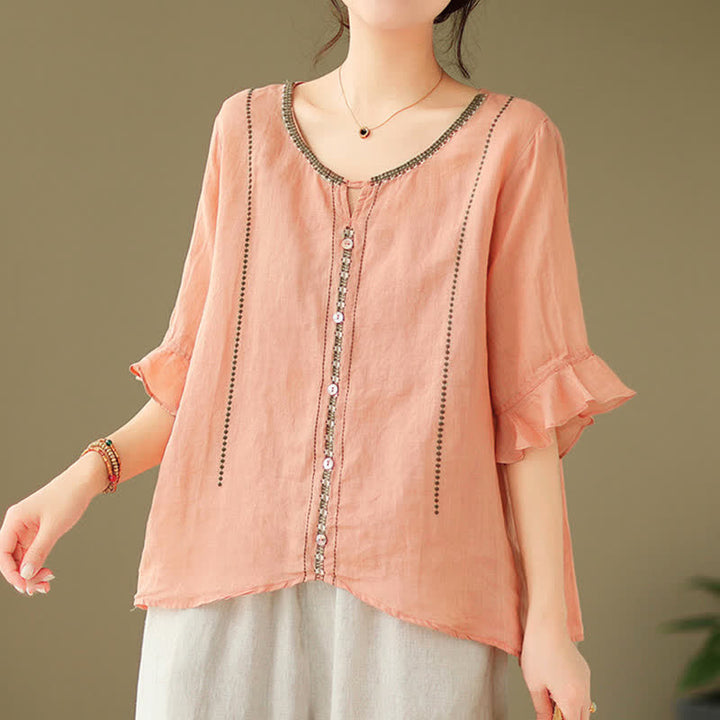 Buddha Stones Chemise femme à manches courtes évasées, col rond et boutons brodés - image 21