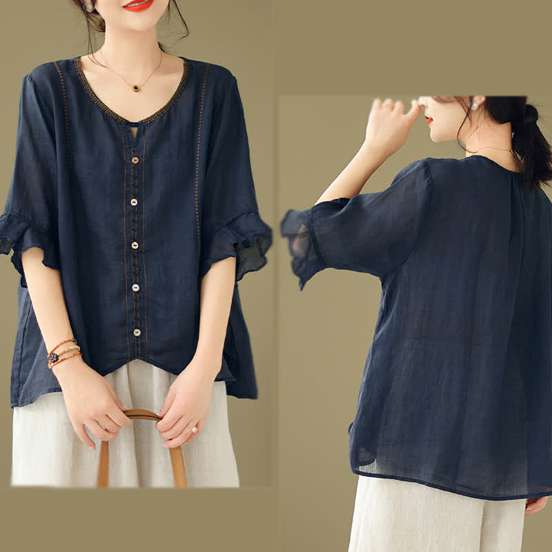 Buddha Stones Chemise femme à manches courtes évasées, col rond et boutons brodés - image 19