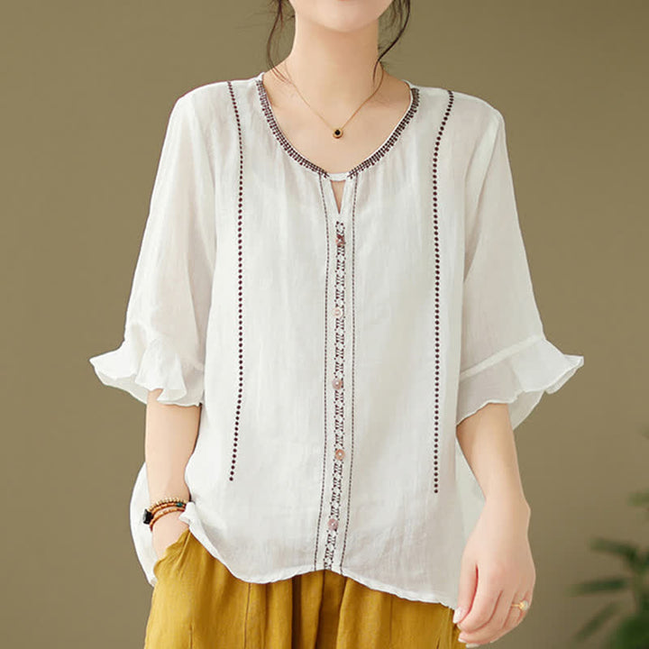 Buddha Stones Chemise femme à manches courtes évasées, col rond et boutons brodés - image 1