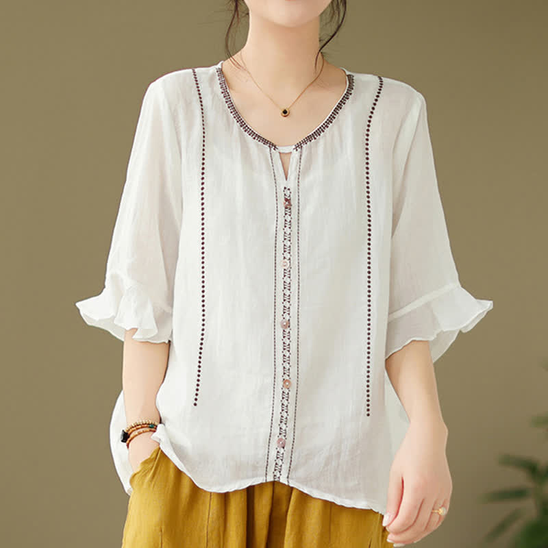 Buddha Stones Chemise femme à manches courtes évasées, col rond et boutons brodés - image 1