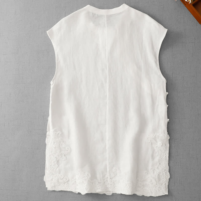 Buddha Stones Gilet sans manches en coton pour femme, à col montant, orné de dentelle et de boutons de grenouille d'inspiration chinoise - Blanc - US12，UK/AU16，EU44 (2XL) - image 9