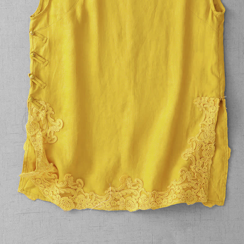 Buddha Stones Gilet sans manches en coton pour femme, à col montant, orné de dentelle et de boutons de grenouille d'inspiration chinoise - image 5