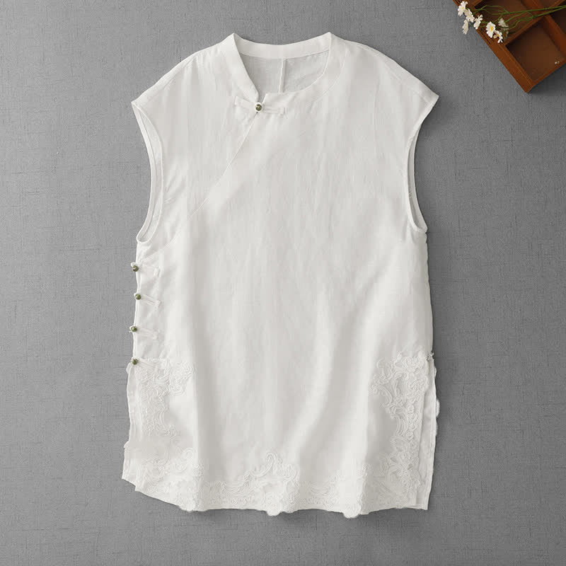 Buddha Stones Gilet sans manches en coton pour femme, à col montant, orné de dentelle et de boutons de grenouille d'inspiration chinoise - image 10