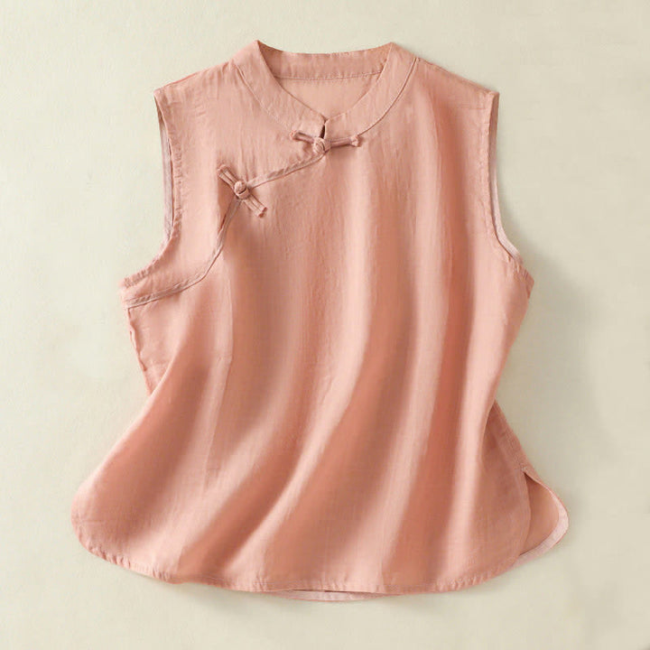 Buddha Stones Gilet sans manches d'été rétro uni à col montant et boutons brandebourg pour femme - Saumon clair - US12，UK/AU16，EU44 (2XL) - image 0