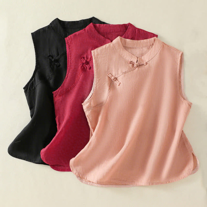 Buddha Stones Gilet sans manches d'été rétro uni à col montant et boutons brandebourg pour femme - image 19
