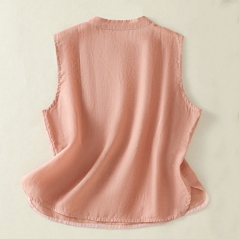 Buddha Stones Gilet sans manches d'été rétro uni à col montant et boutons brandebourg pour femme - image 1