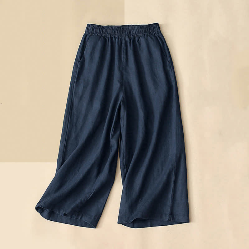 Buddha Stones Pantalon Capri taille haute court à jambes larges en coton pour femme avec poches - Bleu nuit - US8-10，UK/AU12-14，EU40-42 (2XL) - image 9