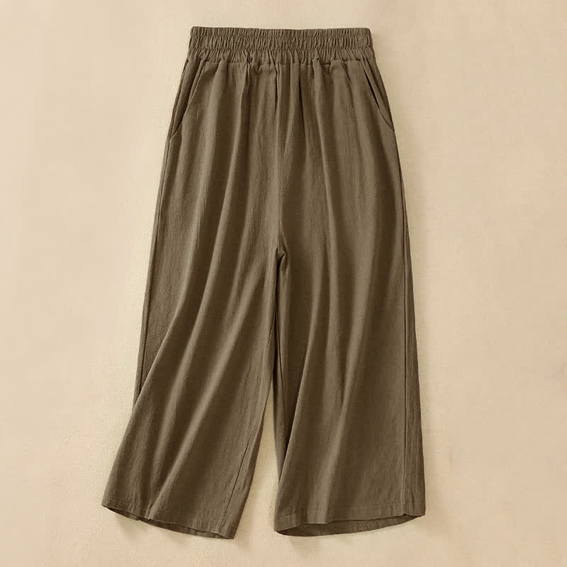 Buddha Stones Pantalon Capri taille haute court à jambes larges en coton pour femme avec poches - image 0