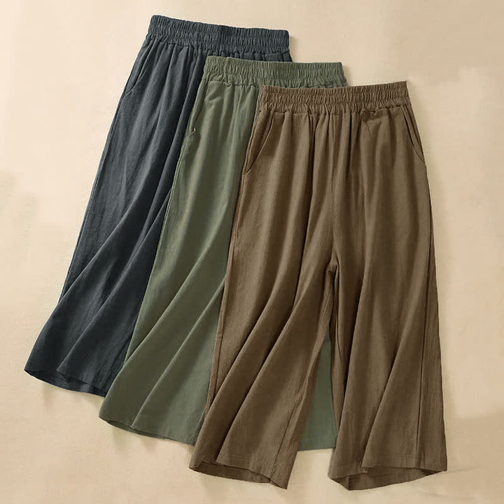 Buddha Stones Pantalon Capri taille haute court à jambes larges en coton pour femme avec poches - image 23