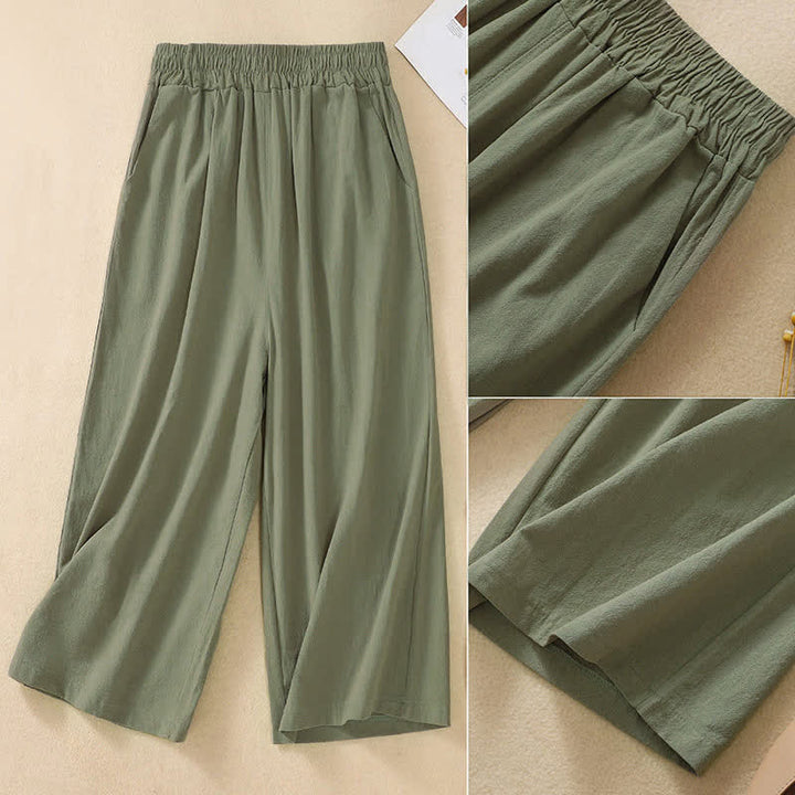 Buddha Stones Pantalon Capri taille haute court à jambes larges en coton pour femme avec poches - image 17
