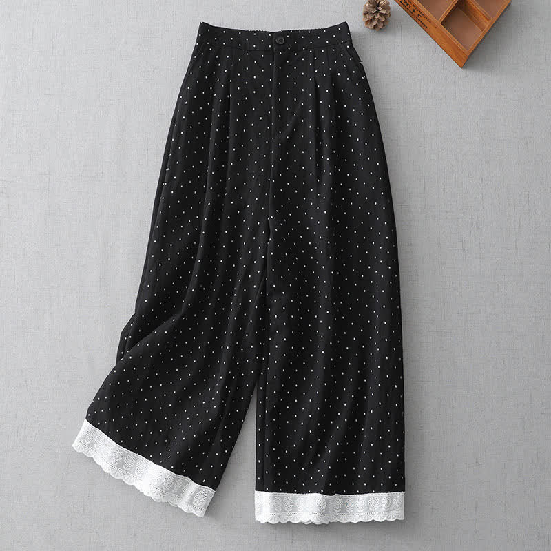 Buddha Stones Pantalon Capri à jambes larges pour femme, en coton patchwork de dentelle à pois, avec poches - Noir - US8-10，UK/AU12-14，EU40-42 (2XL) - image 0