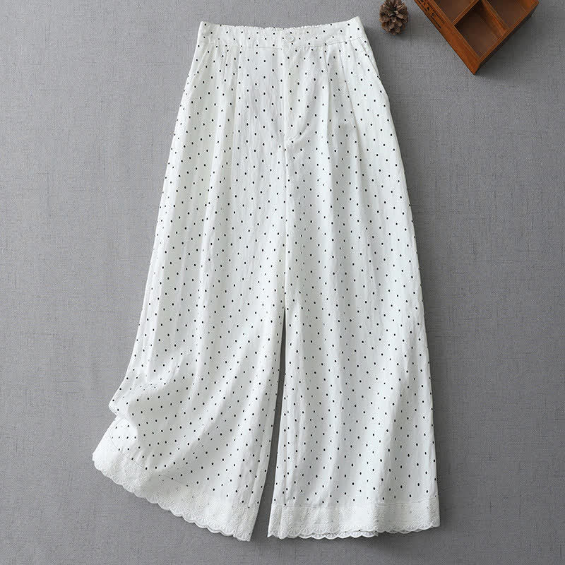 Buddha Stones Pantalon Capri à jambes larges pour femme, en coton patchwork de dentelle à pois, avec poches - Blanc - US8-10，UK/AU12-14，EU40-42 (2XL) - image 4