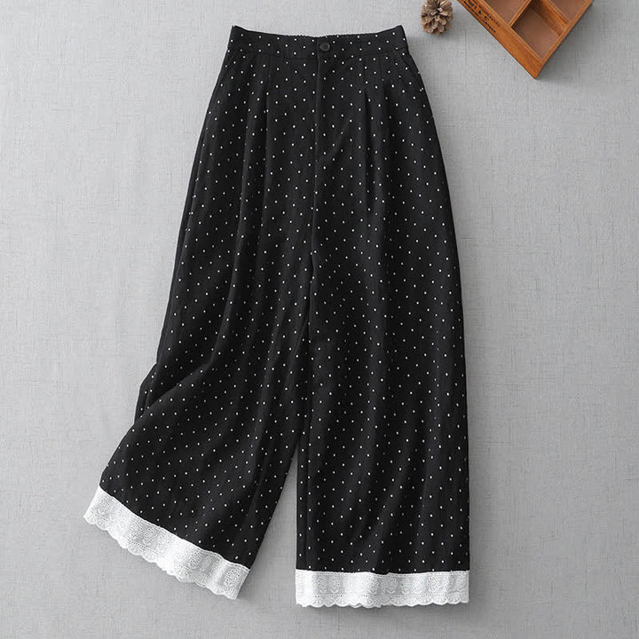Buddha Stones Pantalon Capri à jambes larges pour femme, en coton patchwork de dentelle à pois, avec poches - Noir - US8-10，UK/AU12-14，EU40-42 (2XL) - image 0