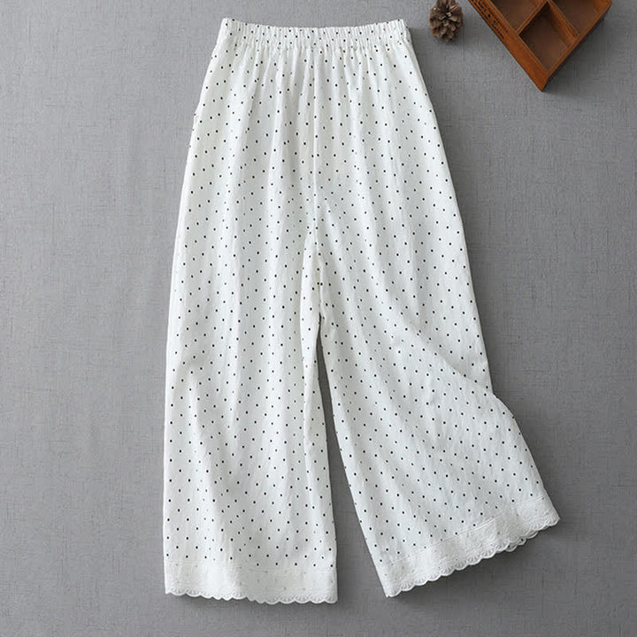 Buddha Stones Pantalon Capri à jambes larges pour femme, en coton patchwork de dentelle à pois, avec poches - image 5