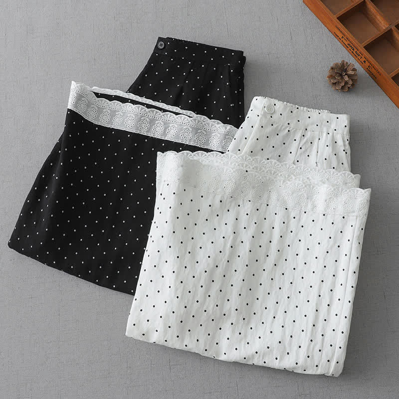 Buddha Stones Pantalon Capri à jambes larges pour femme, en coton patchwork de dentelle à pois, avec poches - image 14