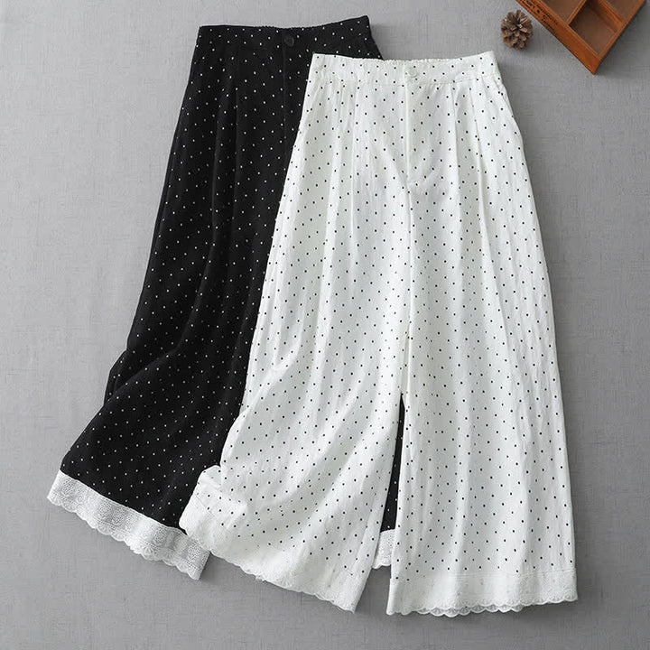 Buddha Stones Pantalon Capri à jambes larges pour femme, en coton patchwork de dentelle à pois, avec poches - image 13