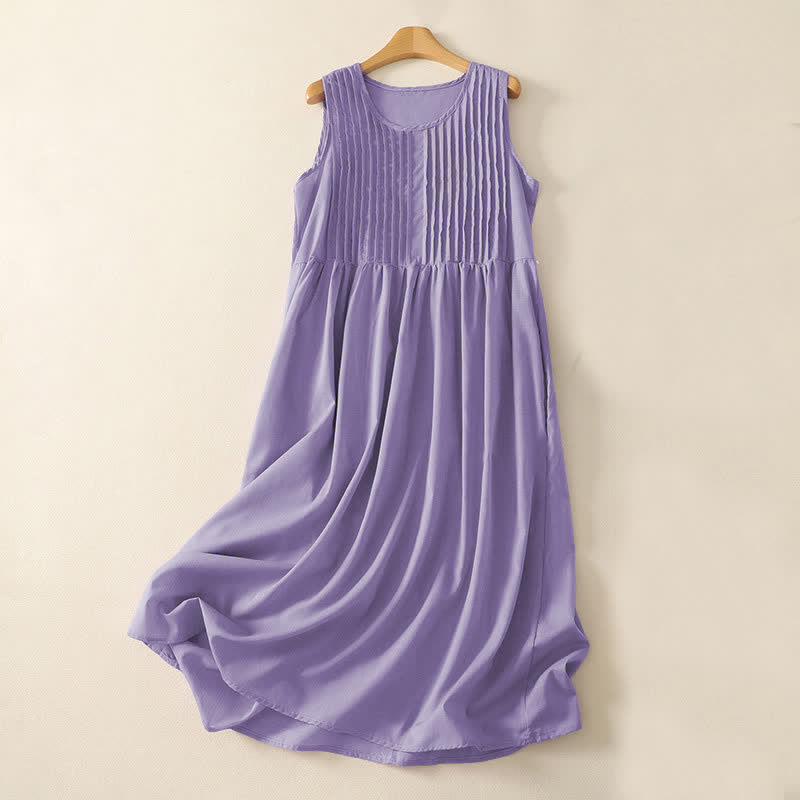 Buddha Stones Robe d'été unie à plis accordéon, sans manches, longueur genou, avec poches - Violet moyen - Tissu léger - image 0