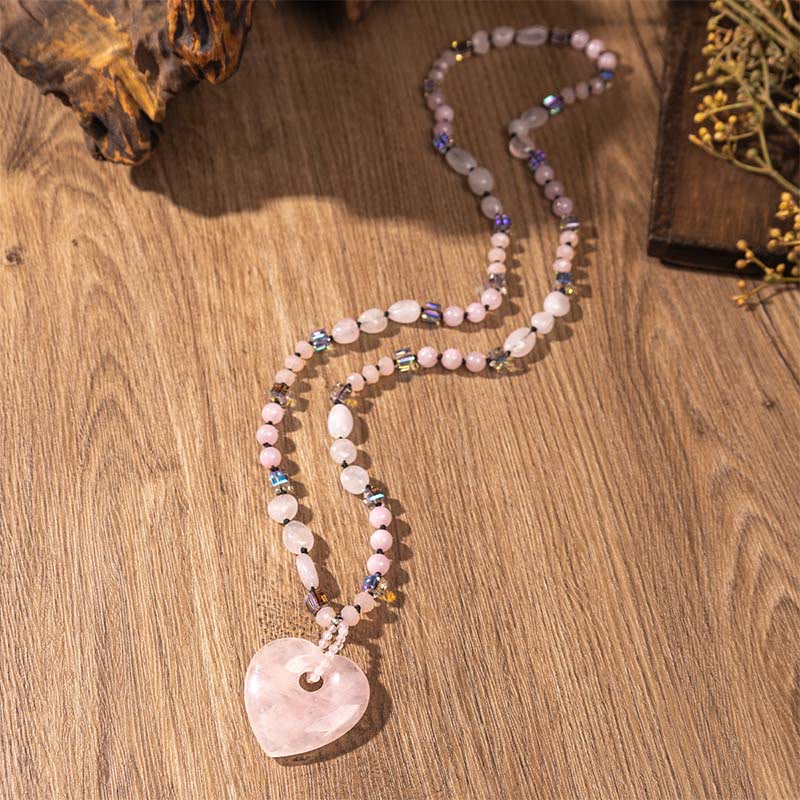 Buddha Stones Collier pendentif porte-bonheur en quartz rose et aventurine verte en forme de cœur, perles en aventurine verte et quartz rose. - Quartz rose - image 1