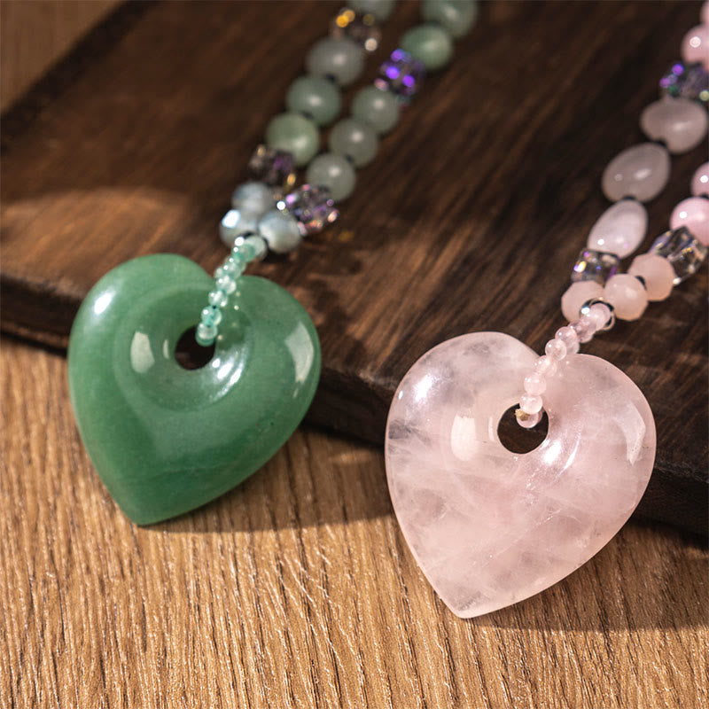 Buddha Stones Collier pendentif porte-bonheur en quartz rose et aventurine verte en forme de cœur, perles en aventurine verte et quartz rose. - image 9