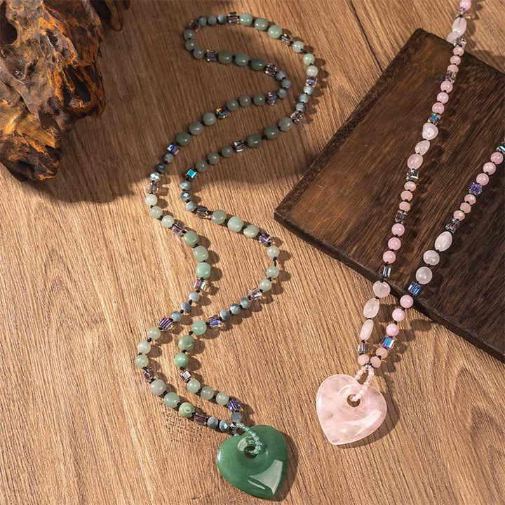 Buddha Stones Collier pendentif porte-bonheur en quartz rose et aventurine verte en forme de cœur, perles en aventurine verte et quartz rose. - image 7