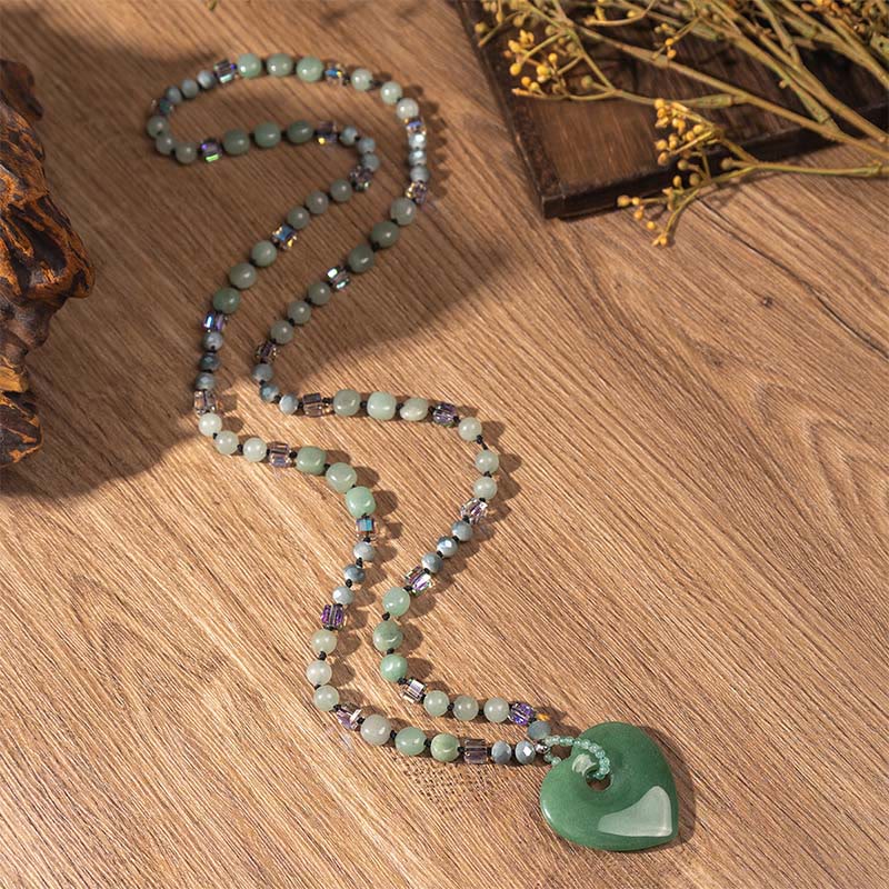 Buddha Stones Collier pendentif porte-bonheur en quartz rose et aventurine verte en forme de cœur, perles en aventurine verte et quartz rose. - Aventurine verte - image 3