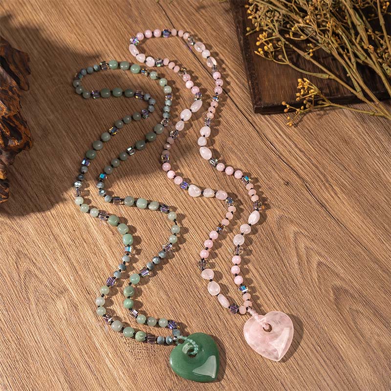 Buddha Stones Collier pendentif porte-bonheur en quartz rose et aventurine verte en forme de cœur, perles en aventurine verte et quartz rose. - image 8